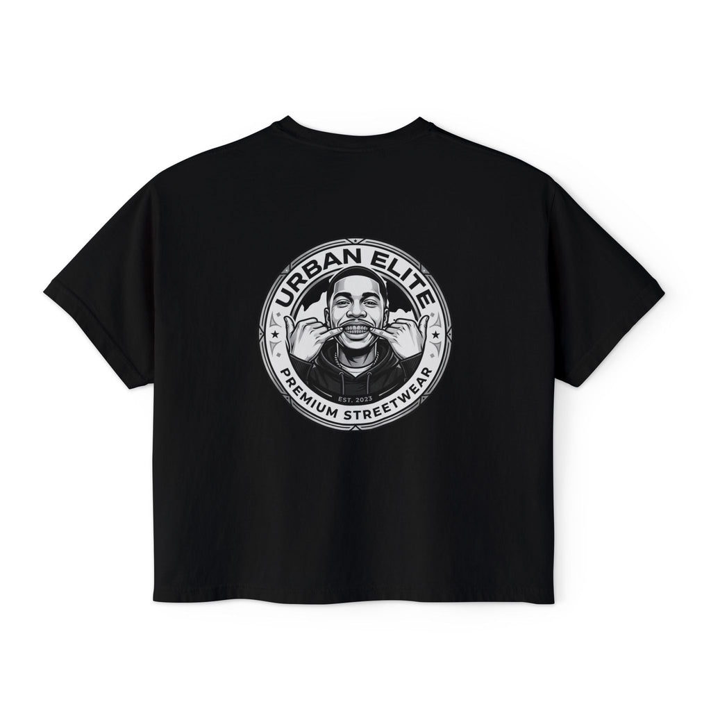 Urban Elite Women's Boxy Tee — Graphic Streetwear Tee with Portrait & 'Urban Elite Premium Streetwear' Back Emblem