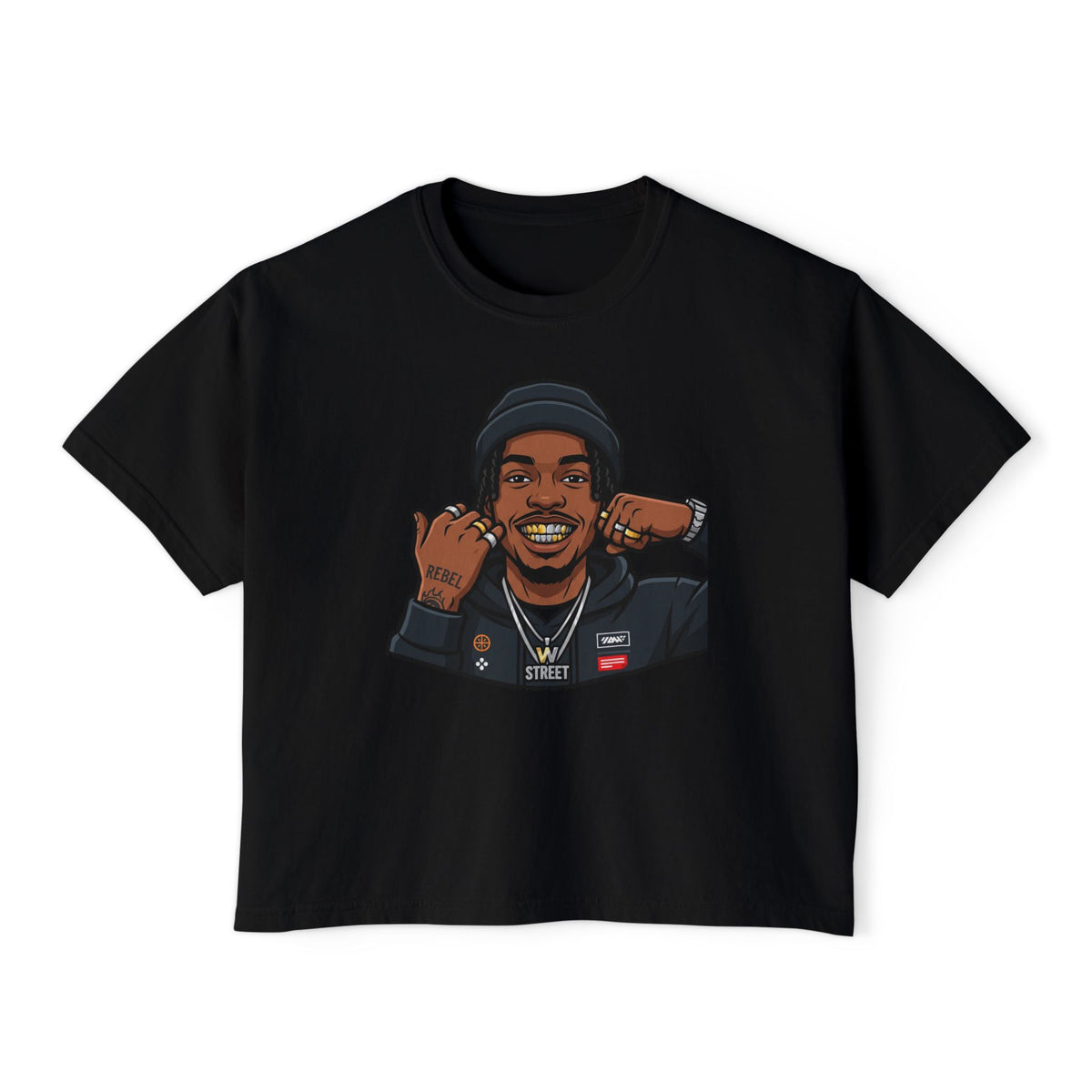 Urban Elite Women's Boxy Tee — Graphic Streetwear Tee with Portrait & 'Urban Elite Premium Streetwear' Back Emblem