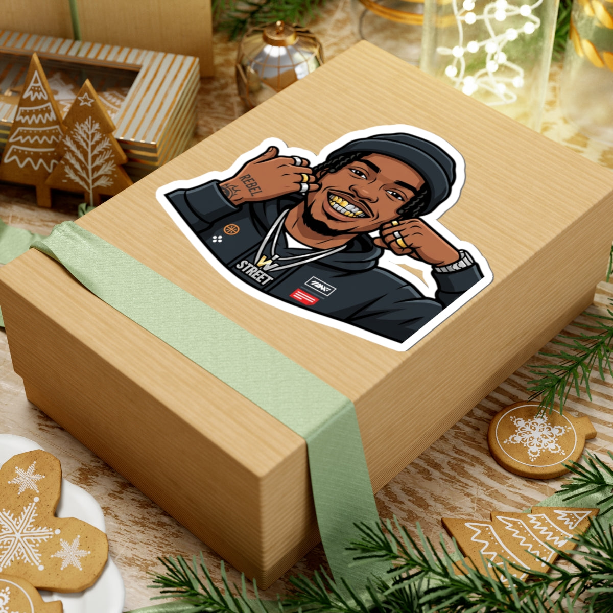 Hip-Hop Character Kiss-Cut Sticker — Gold Grill Rapper Illustration
