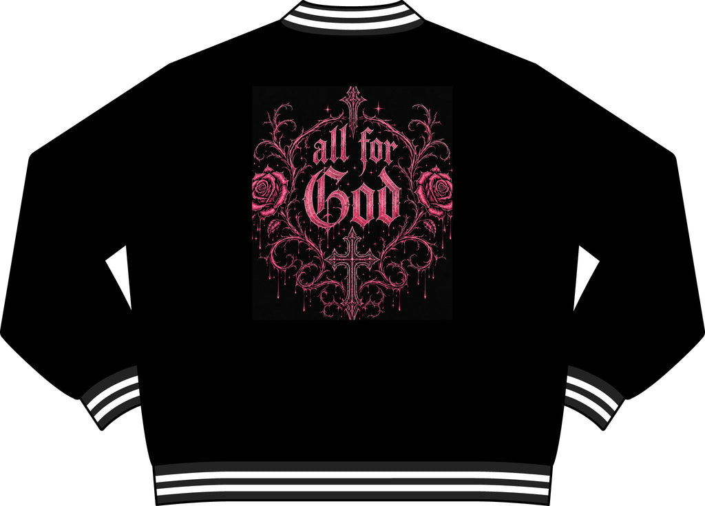 All For God Varsity Bomber Jacket — Gothic Rose Cross Graphic