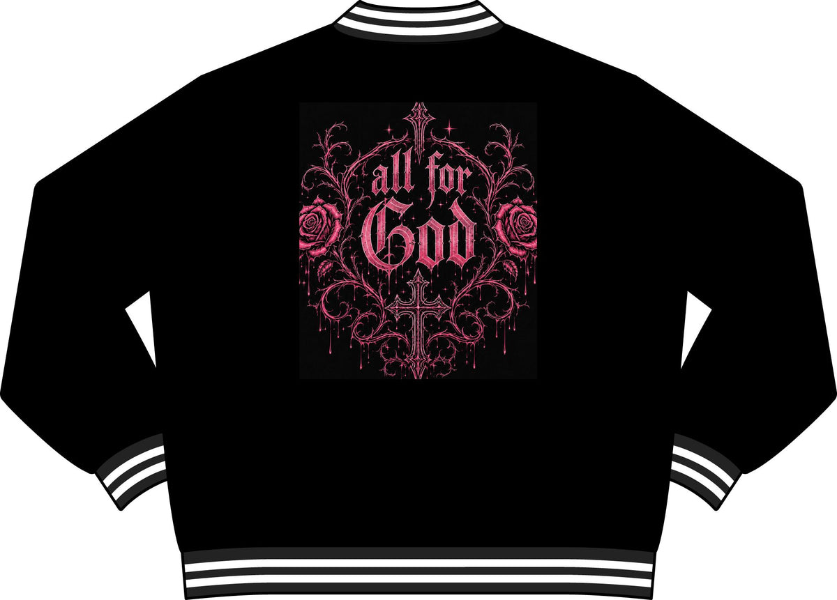 All For God Varsity Bomber Jacket — Gothic Rose Cross Graphic