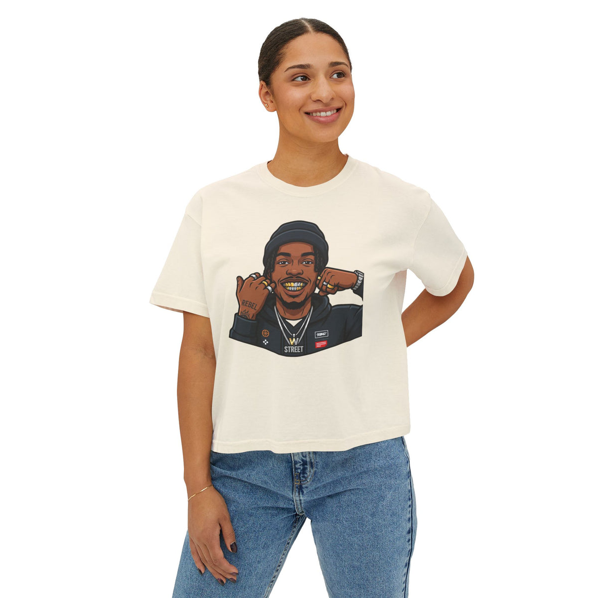 Urban Elite Women's Boxy Tee — Graphic Streetwear Tee with Portrait & 'Urban Elite Premium Streetwear' Back Emblem