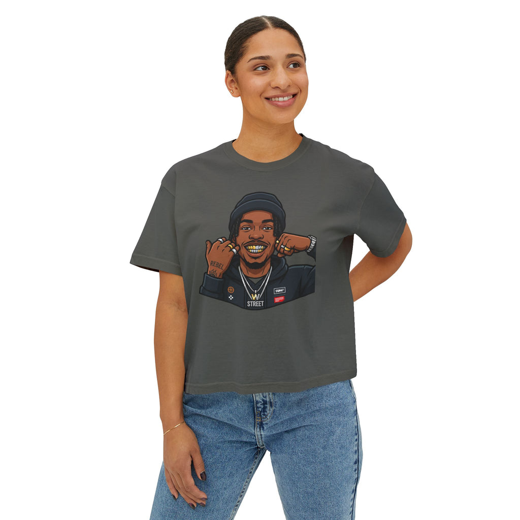 Urban Elite Women's Boxy Tee — Graphic Streetwear Tee with Portrait & 'Urban Elite Premium Streetwear' Back Emblem