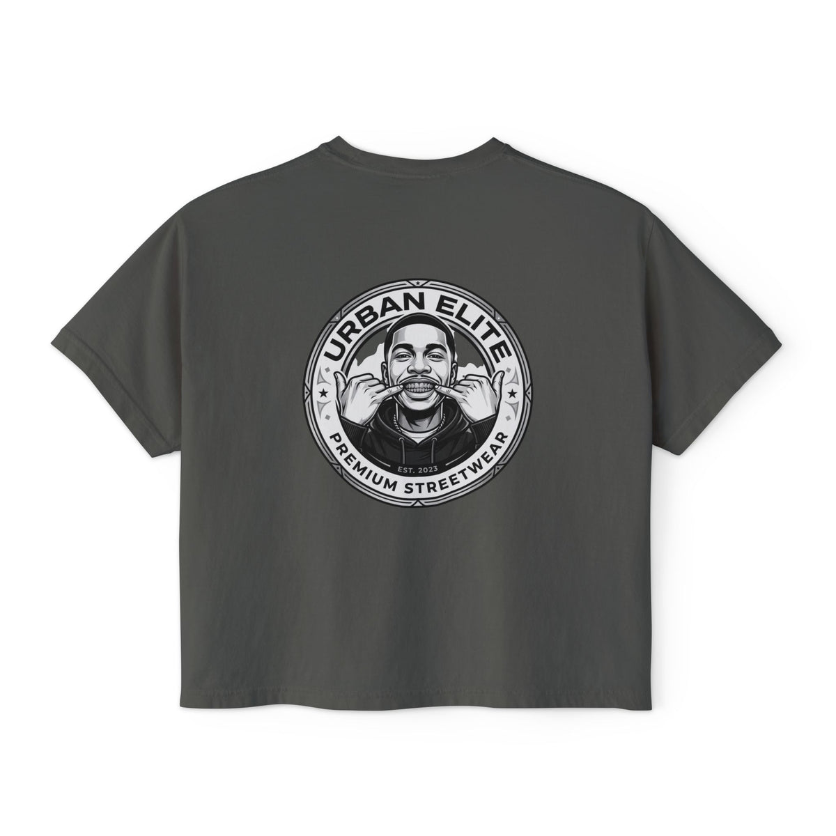 Urban Elite Women's Boxy Tee — Graphic Streetwear Tee with Portrait & 'Urban Elite Premium Streetwear' Back Emblem