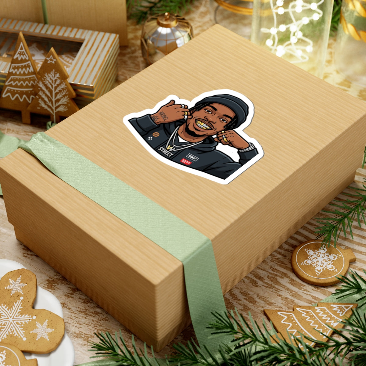 Hip-Hop Character Kiss-Cut Sticker — Gold Grill Rapper Illustration