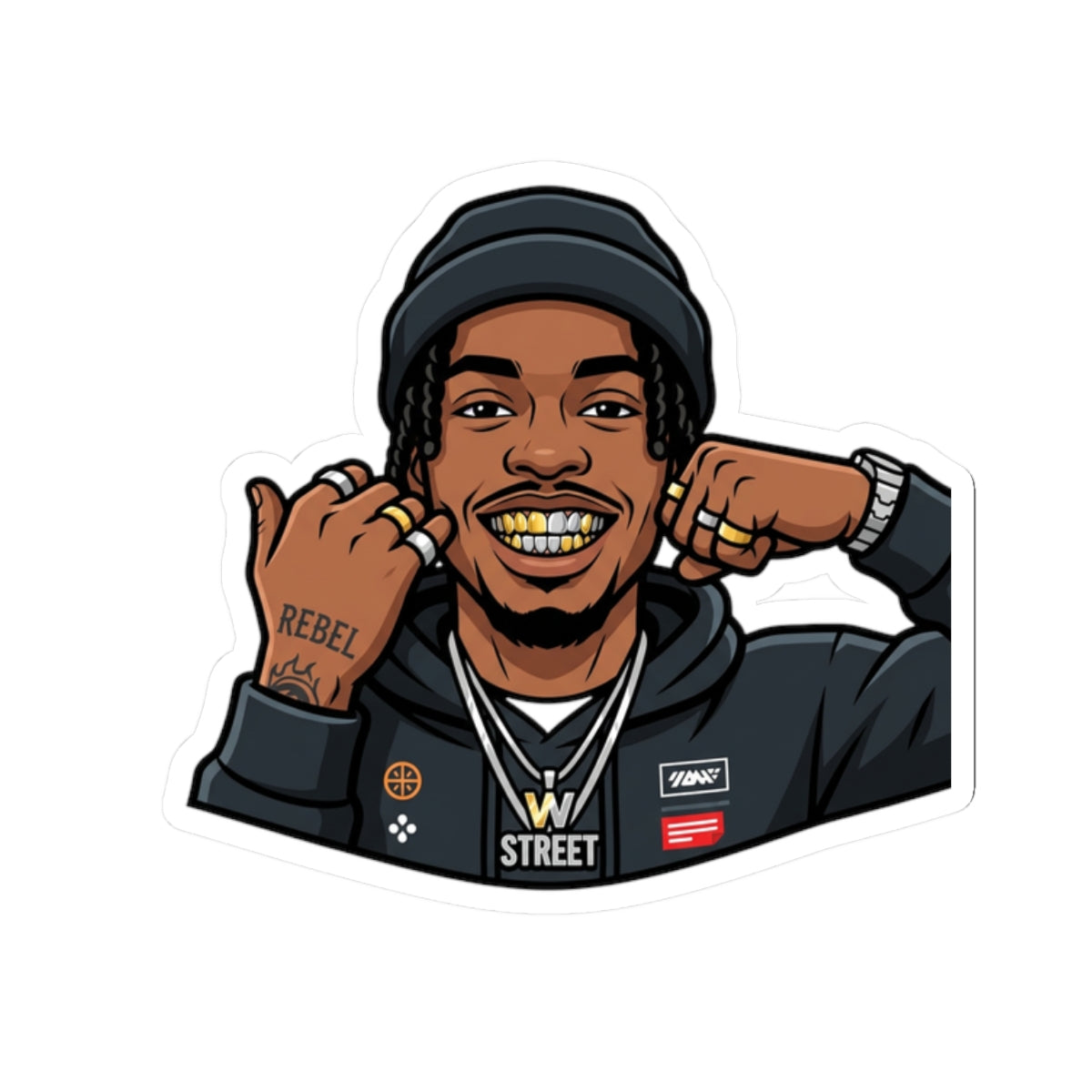 Hip-Hop Character Kiss-Cut Sticker — Gold Grill Rapper Illustration