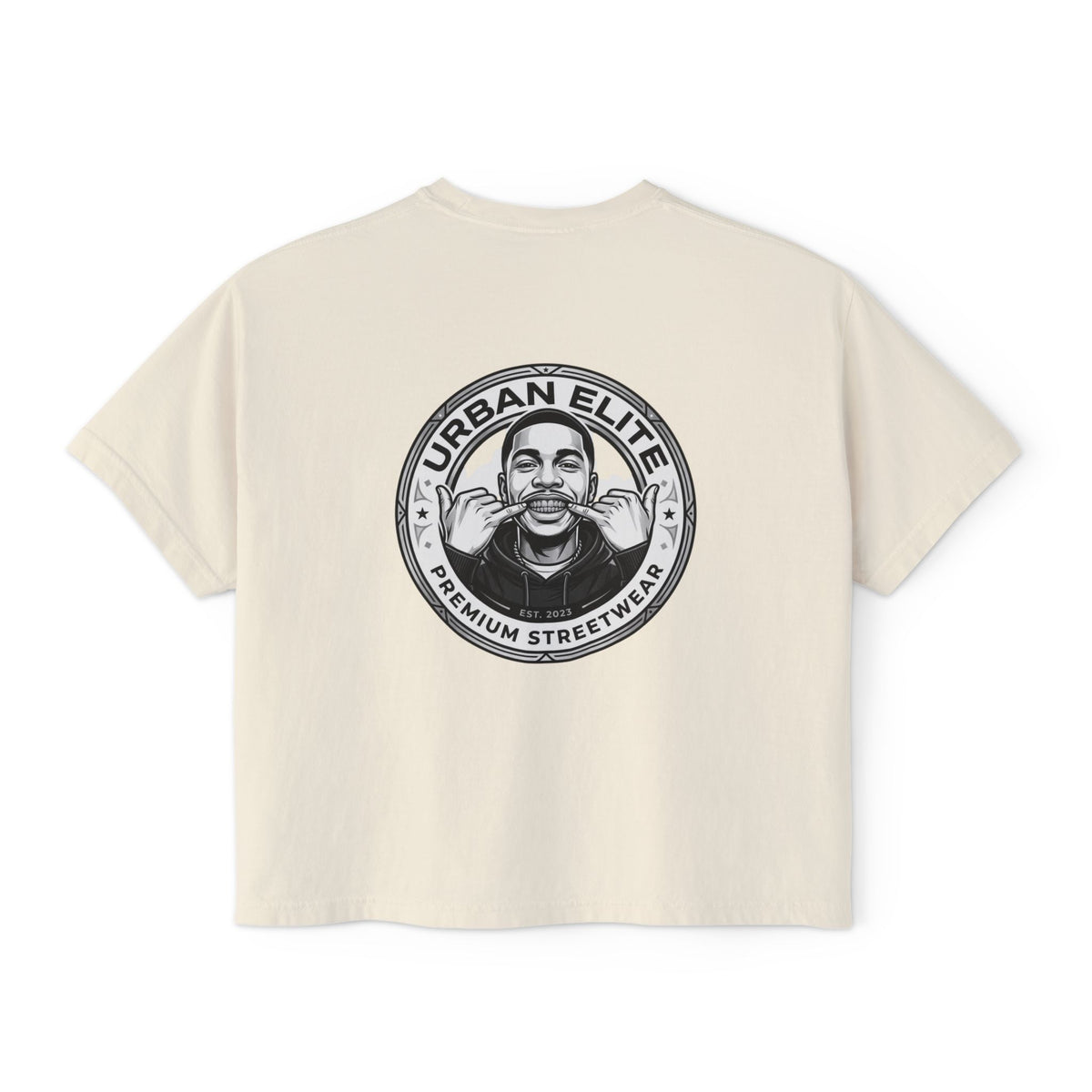 Urban Elite Women's Boxy Tee — Graphic Streetwear Tee with Portrait & 'Urban Elite Premium Streetwear' Back Emblem
