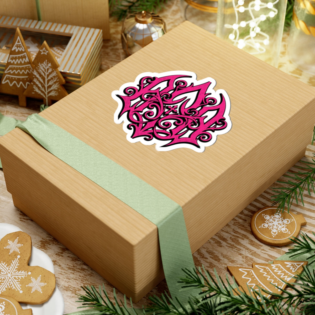 Pink Ornate Monogram Sticker — Kiss-Cut Decorative Laptop Decal