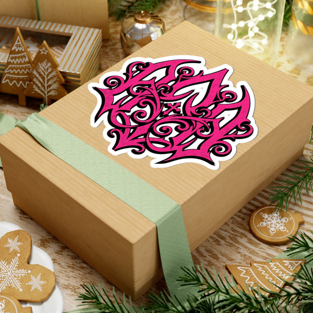 Pink Ornate Monogram Sticker — Kiss-Cut Decorative Laptop Decal