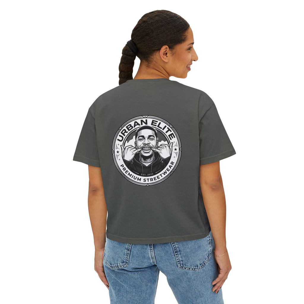 Urban Elite Women's Boxy Tee — Graphic Streetwear Tee with Portrait & 'Urban Elite Premium Streetwear' Back Emblem
