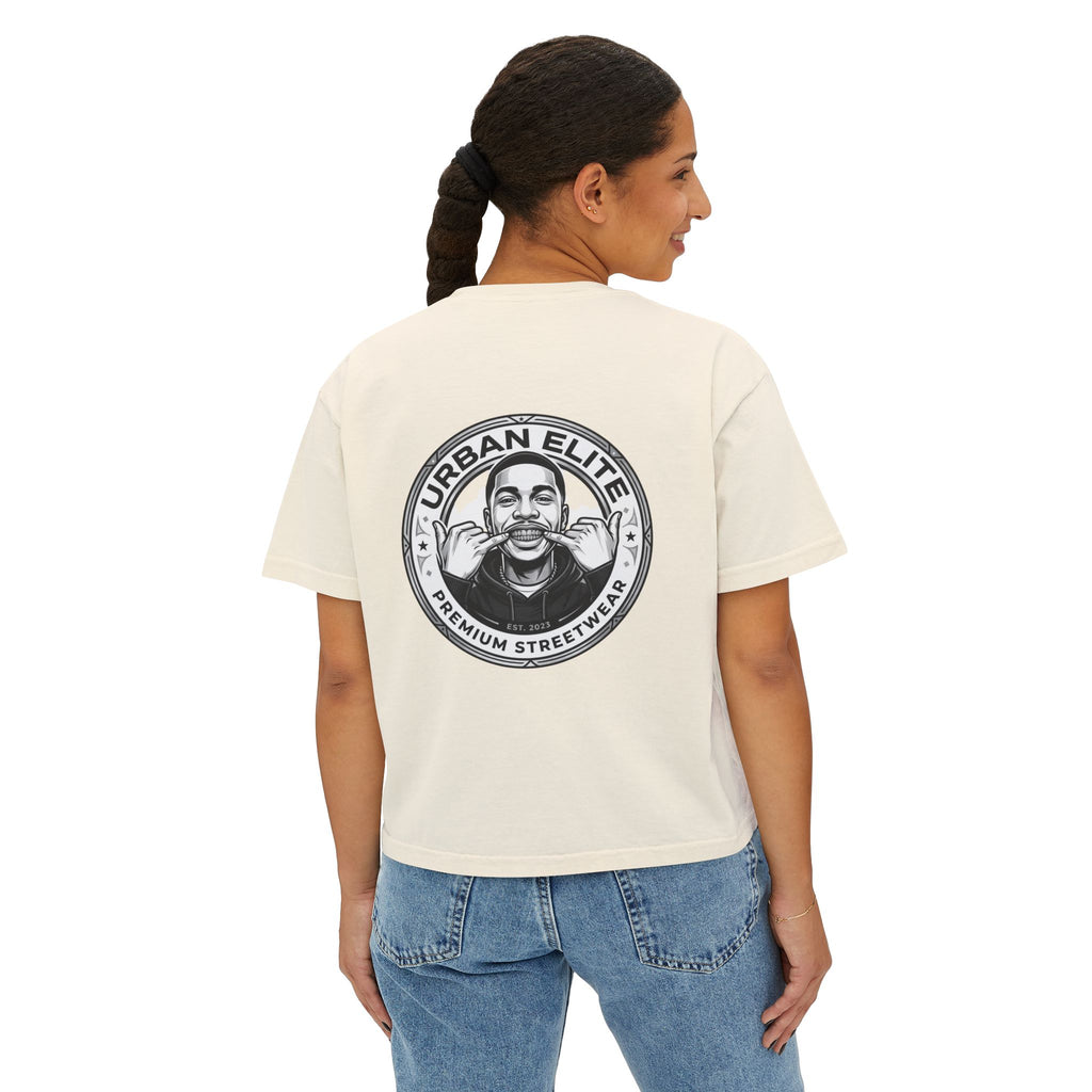 Urban Elite Women's Boxy Tee — Graphic Streetwear Tee with Portrait & 'Urban Elite Premium Streetwear' Back Emblem