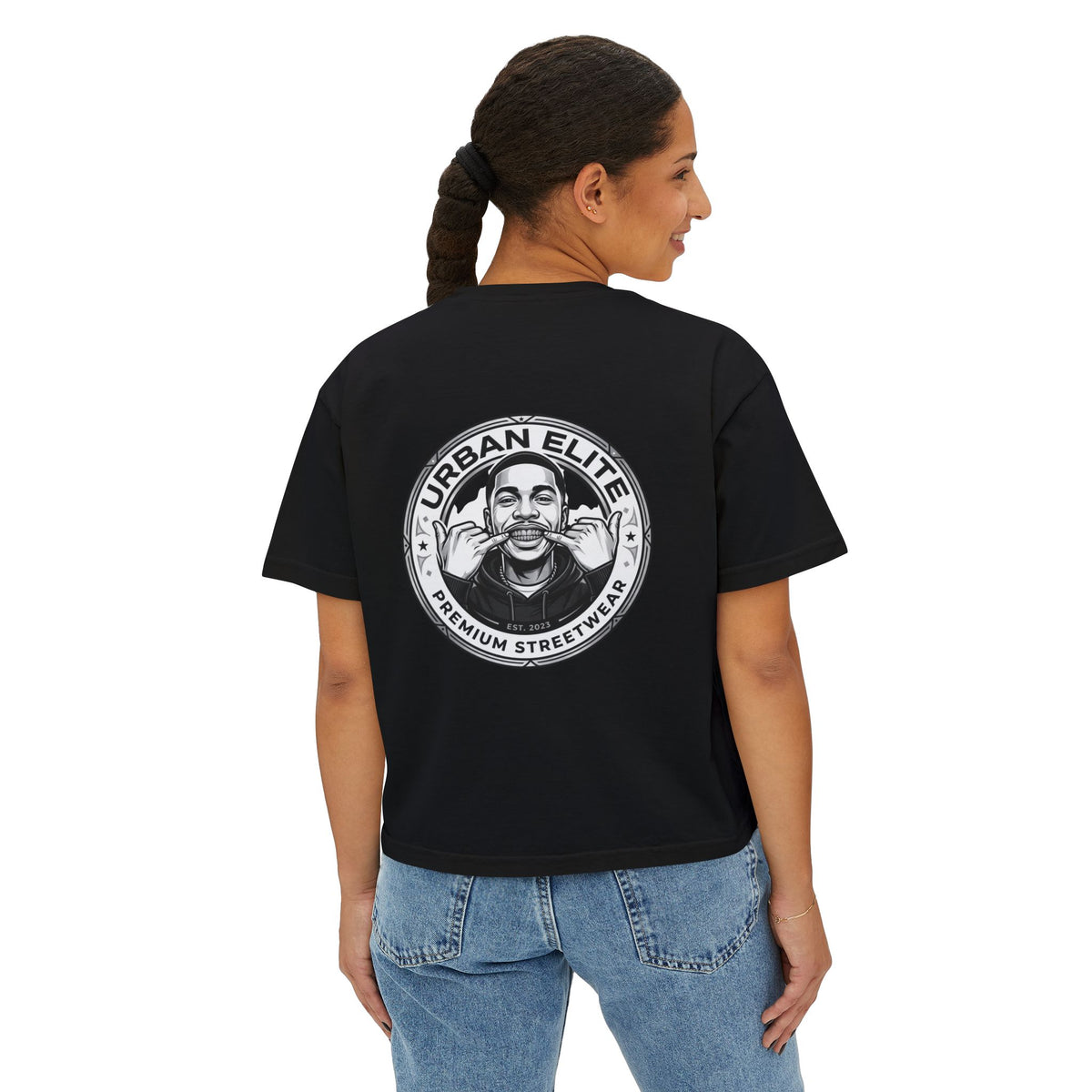 Urban Elite Women's Boxy Tee — Graphic Streetwear Tee with Portrait & 'Urban Elite Premium Streetwear' Back Emblem