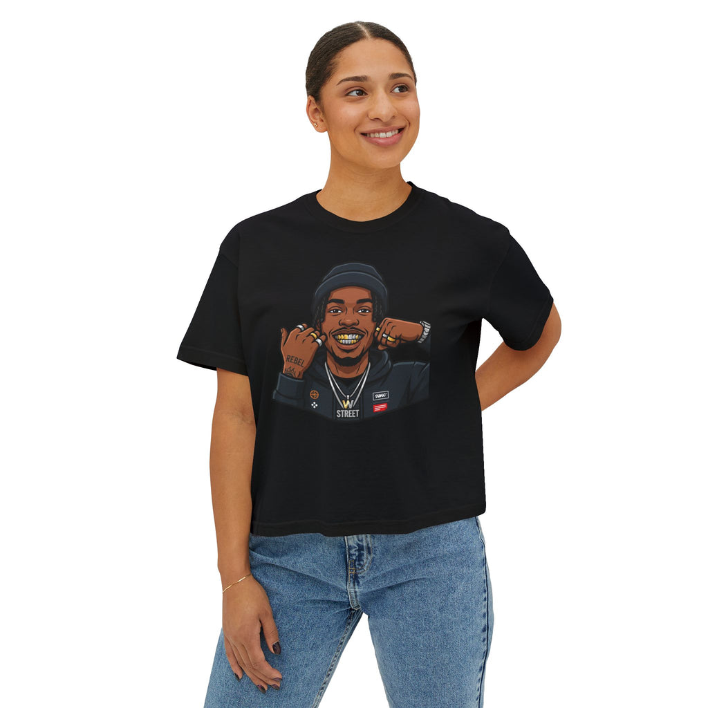 Urban Elite Women's Boxy Tee — Graphic Streetwear Tee with Portrait & 'Urban Elite Premium Streetwear' Back Emblem