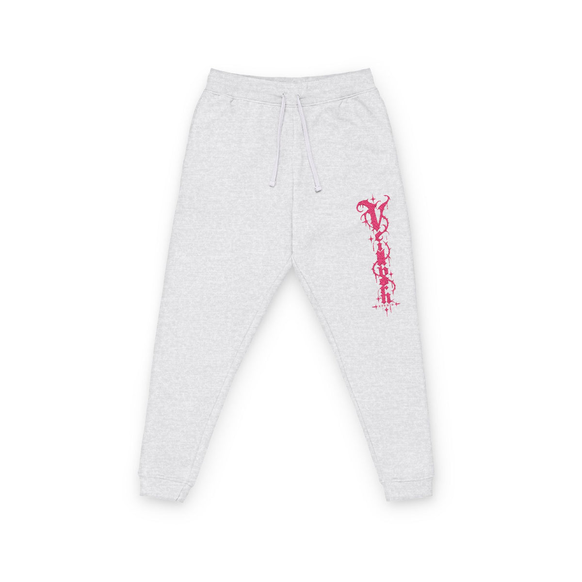 Embroidered Vertical Floral Script Joggers — Light Heather Grey Fleece